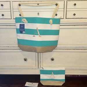 Yoolife turquoise white striped A beach bag tote w/ small pouch zippers 2-piece